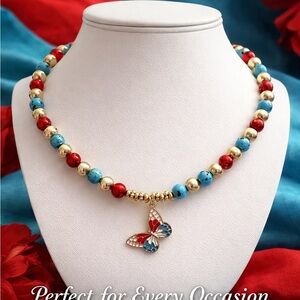 paparazzi Gold, Turquoise & Red Bead Butterfly Necklace